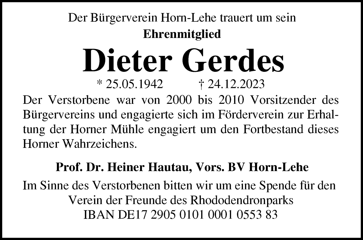  Traueranzeige für Dieter Gerdes vom 06.01.2024 aus WESER-KURIER