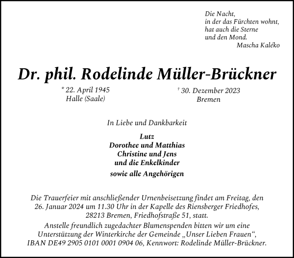 Traueranzeige von Dr. phil. Rodelinde Müller-Brückner