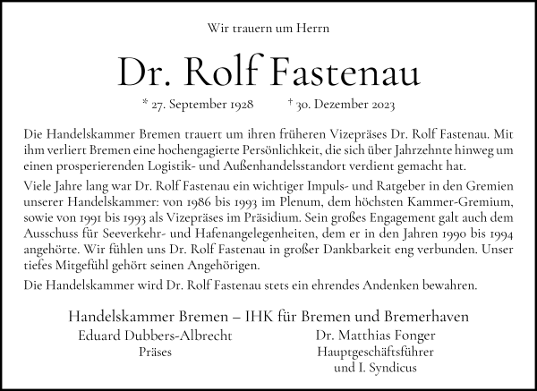 Traueranzeige von Dr. Rolf Fastenau