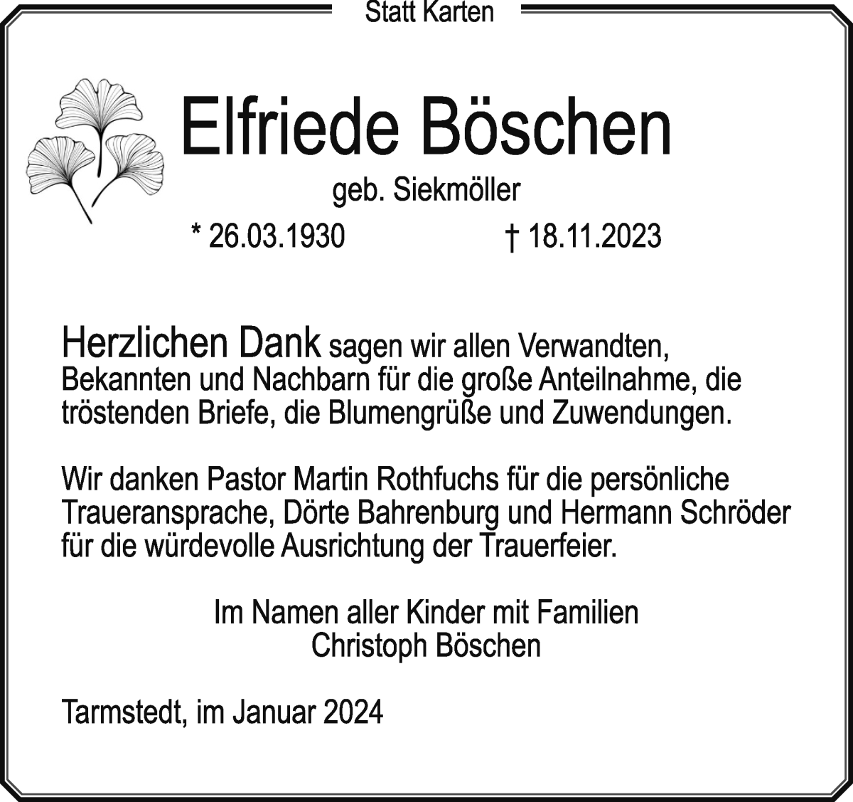 Traueranzeige von Elfriede Böschen von Wuemme Zeitung