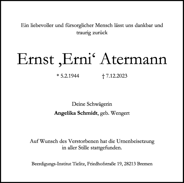Traueranzeige von Ernst Erni Atermann
