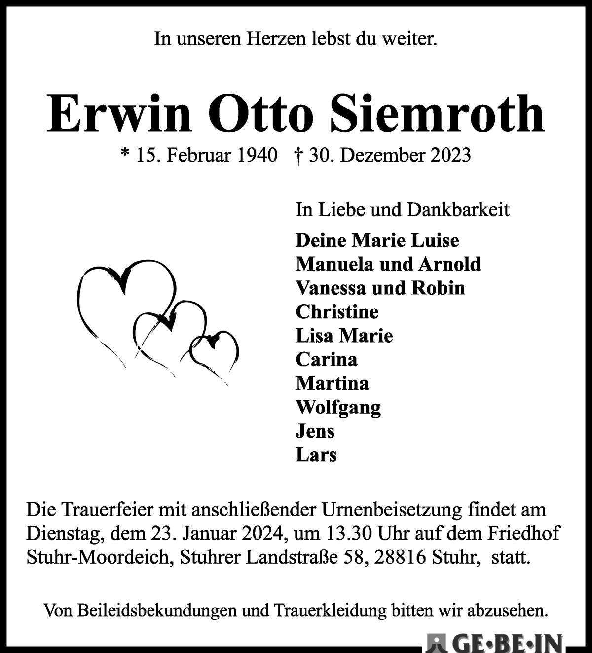 Traueranzeige von Erwin Otto Siemroth von WESER-KURIER