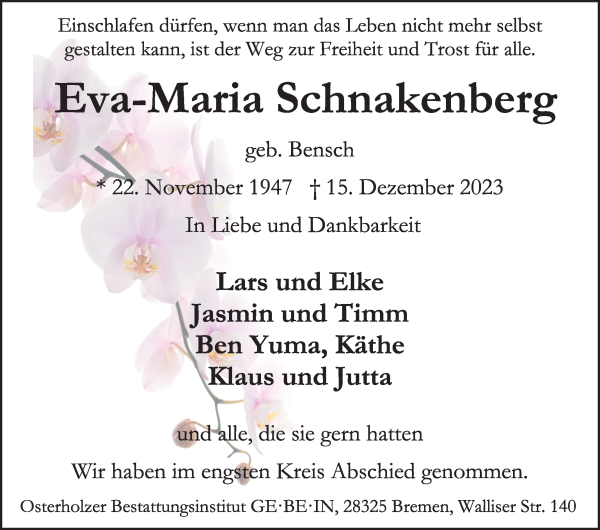 Traueranzeige von Eva-Maria Schnakenberg von Osterholzer Kreisblatt