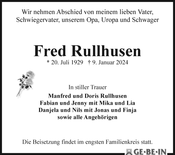Traueranzeige von Fred Rullhusen von WESER-KURIER