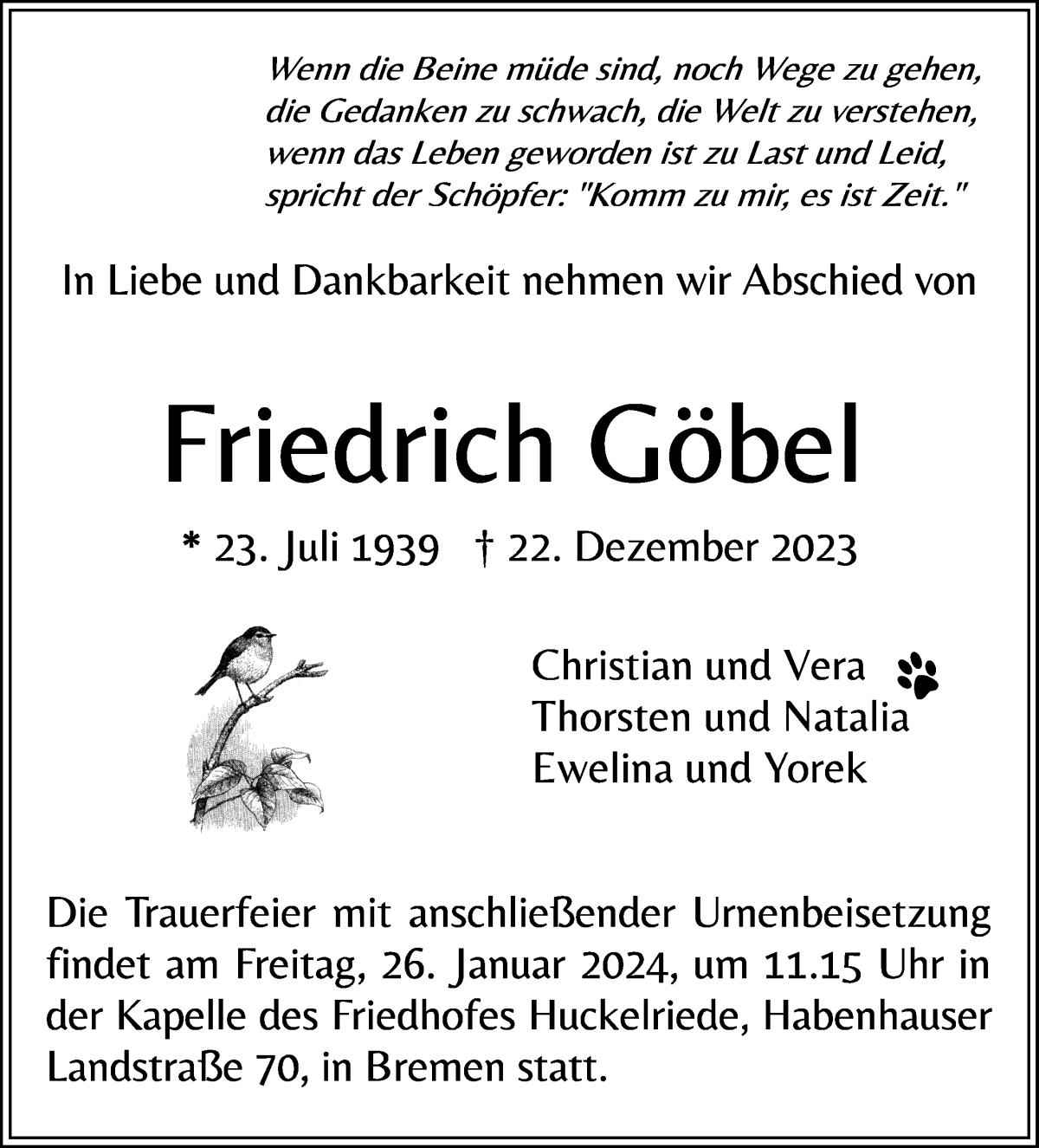  Traueranzeige für Friedrich Göbel vom 06.01.2024 aus WESER-KURIER