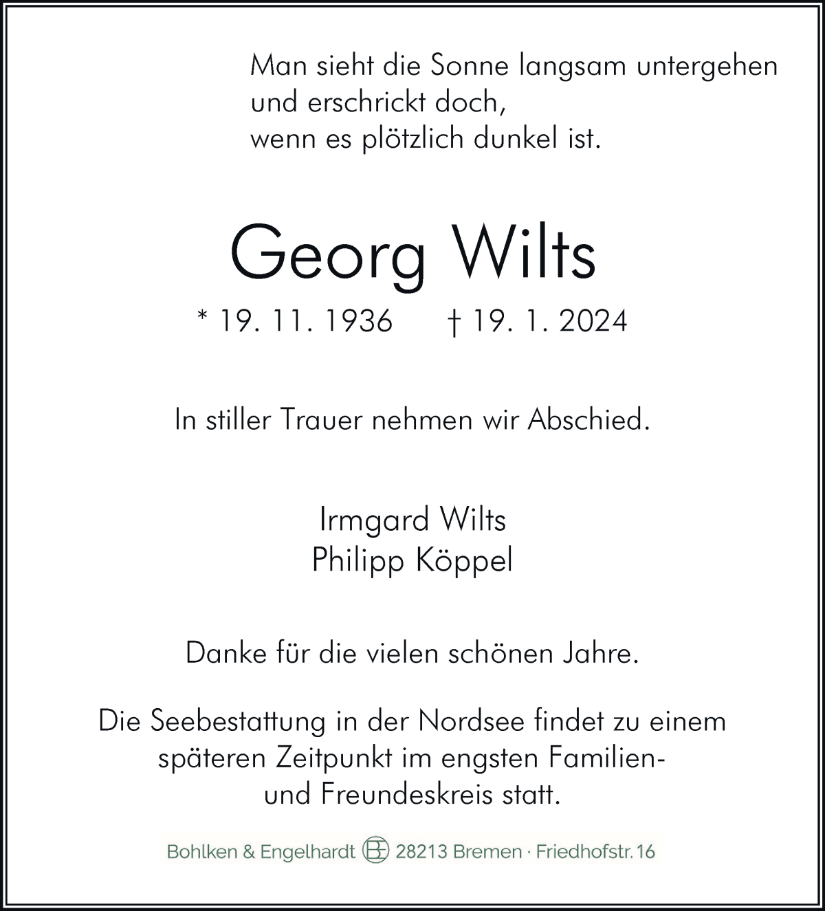 Traueranzeige von Georg Wilts von WESER-KURIER