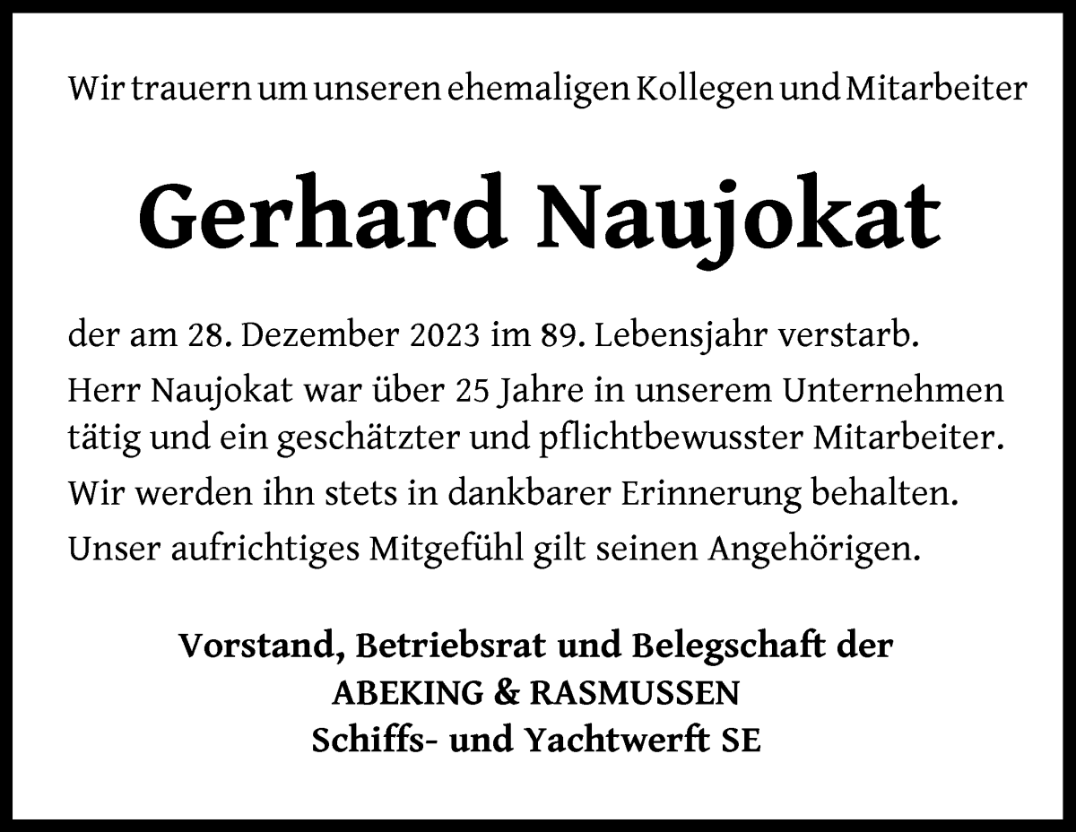 Traueranzeige von Gerhard Naujokat von Die Norddeutsche