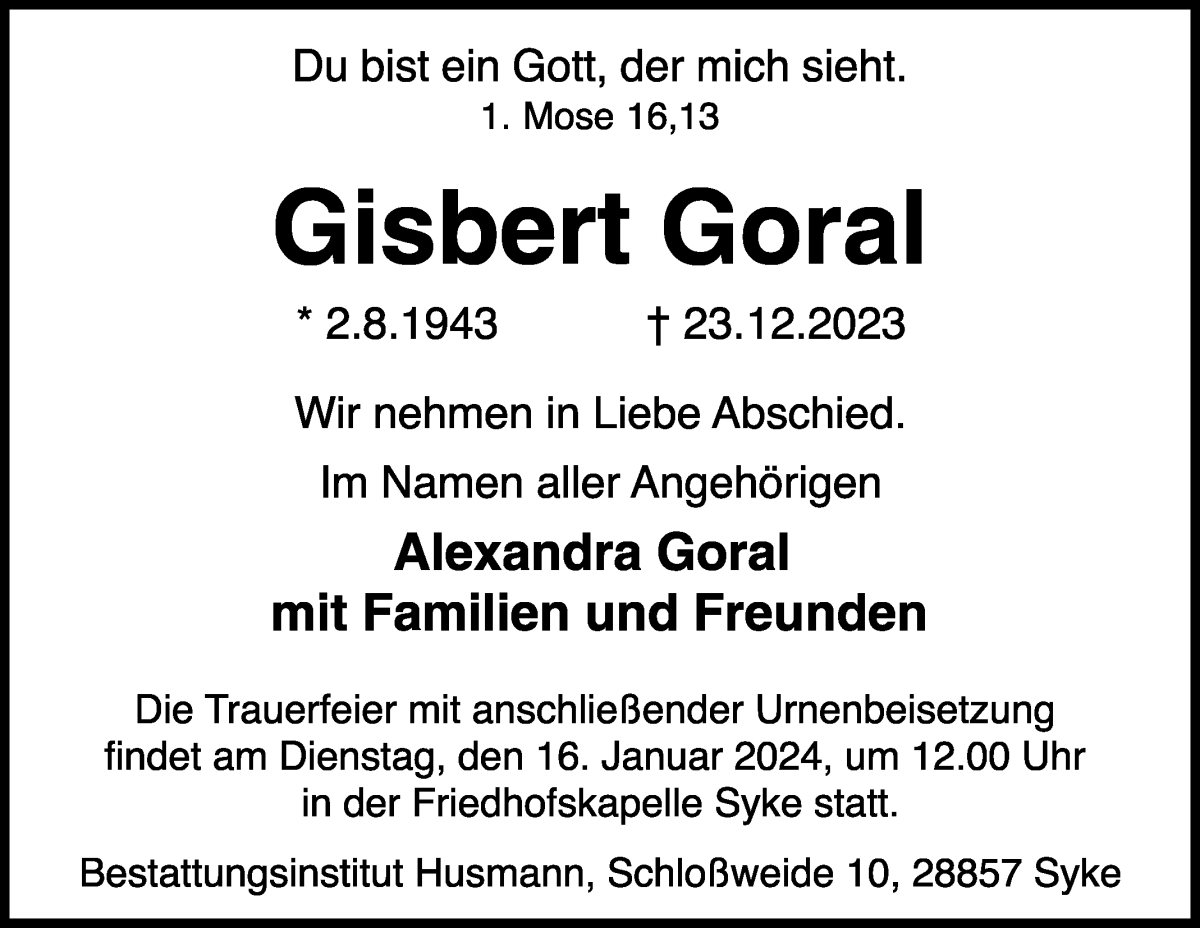 Traueranzeige von Gisbert Goral von WESER-KURIER
