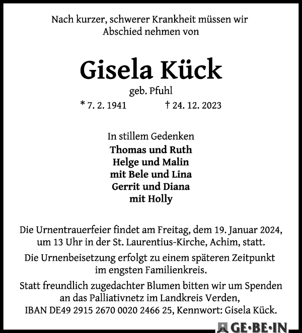 Traueranzeige von Gisela Kück von Achimer Kurier/Verdener Nachrichten