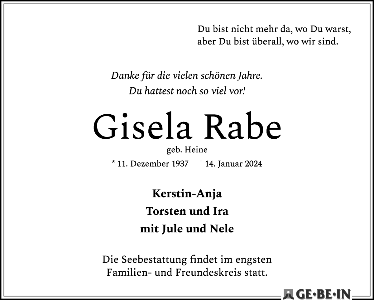 Traueranzeige von Gisela Rabe von Die Norddeutsche