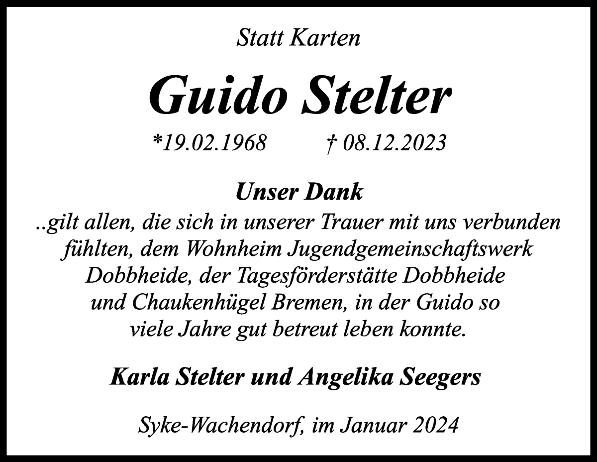 Traueranzeige von Guido Stelter von Achimer Kurier/Verdener Nachrichten