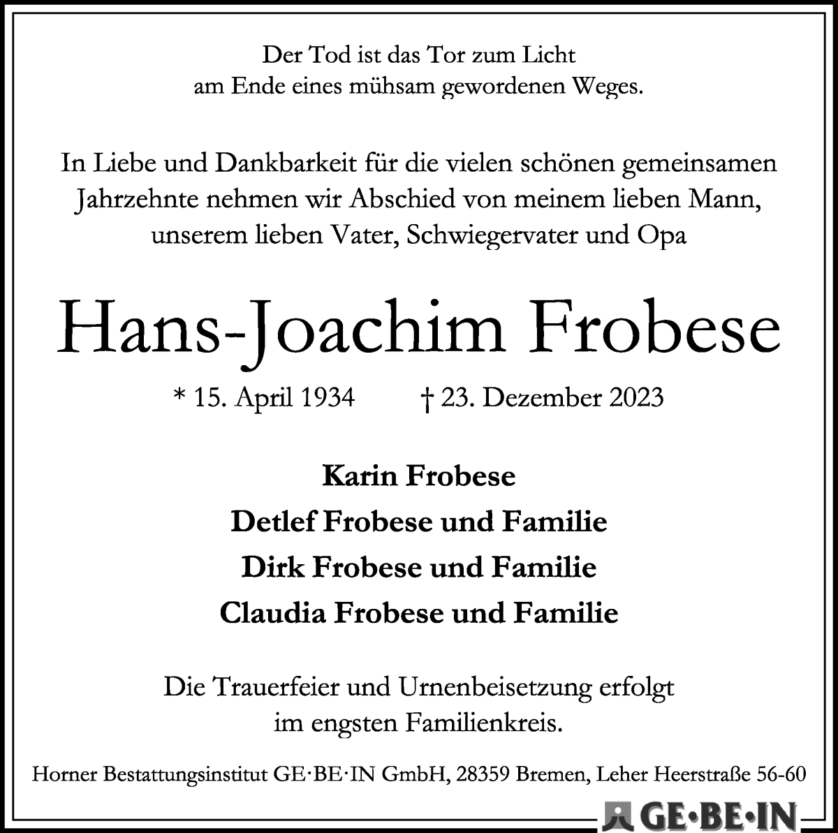 Traueranzeige von Hans-Joachim Frobese von WESER-KURIER