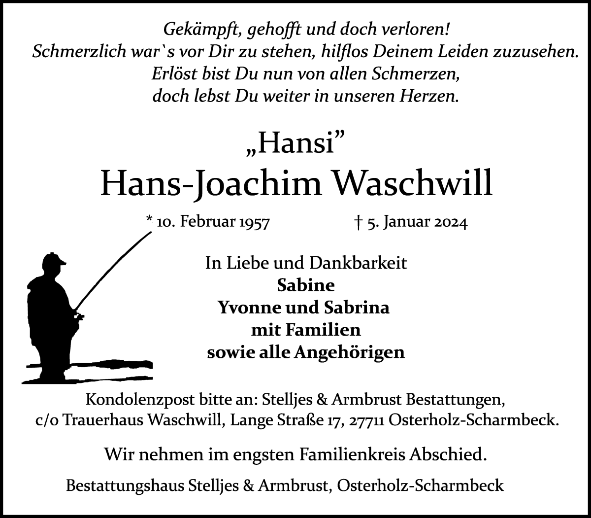  Traueranzeige für Hans-Joachim Waschwill vom 09.01.2024 aus Osterholzer Kreisblatt