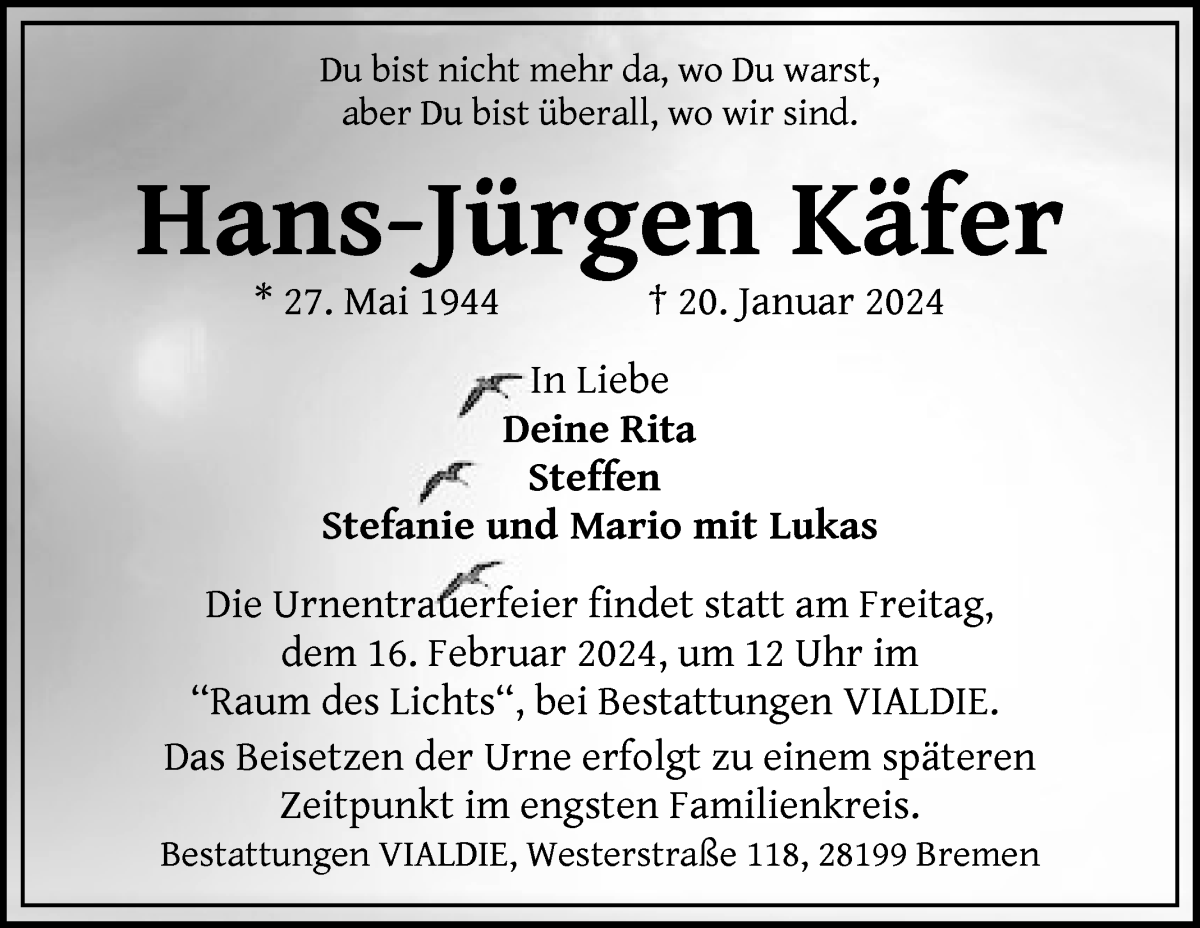 Traueranzeige von Hans-Jürgen Käfer von WESER-KURIER
