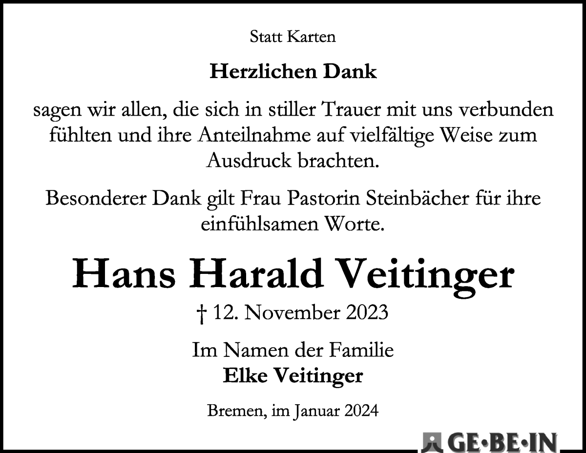  Traueranzeige für Hans Harald Veitinger vom 06.01.2024 aus WESER-KURIER