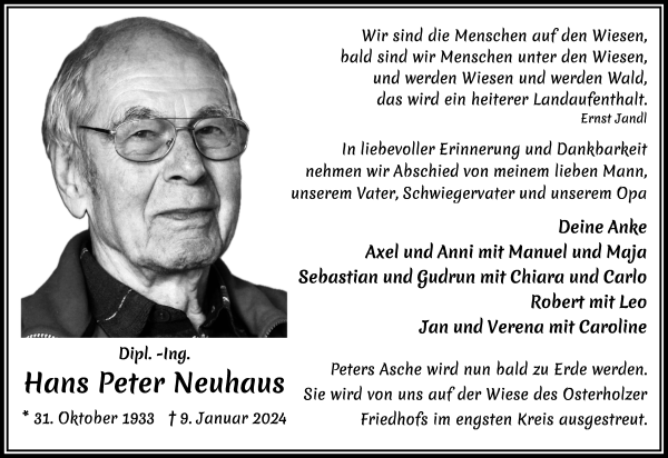 Traueranzeige von Hans Peter Neuhaus von WESER-KURIER
