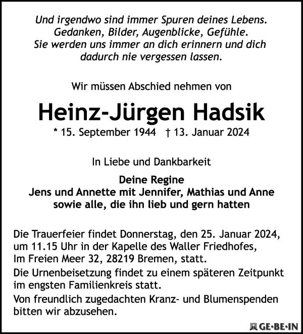Traueranzeige von Heinz-Jürgen Hadsik von WESER-KURIER