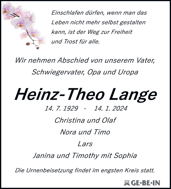 Traueranzeige von Heinz-Theo Lange von WESER-KURIER