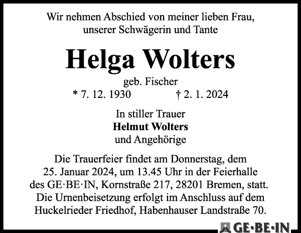 Traueranzeige von Helga Wolters von WESER-KURIER