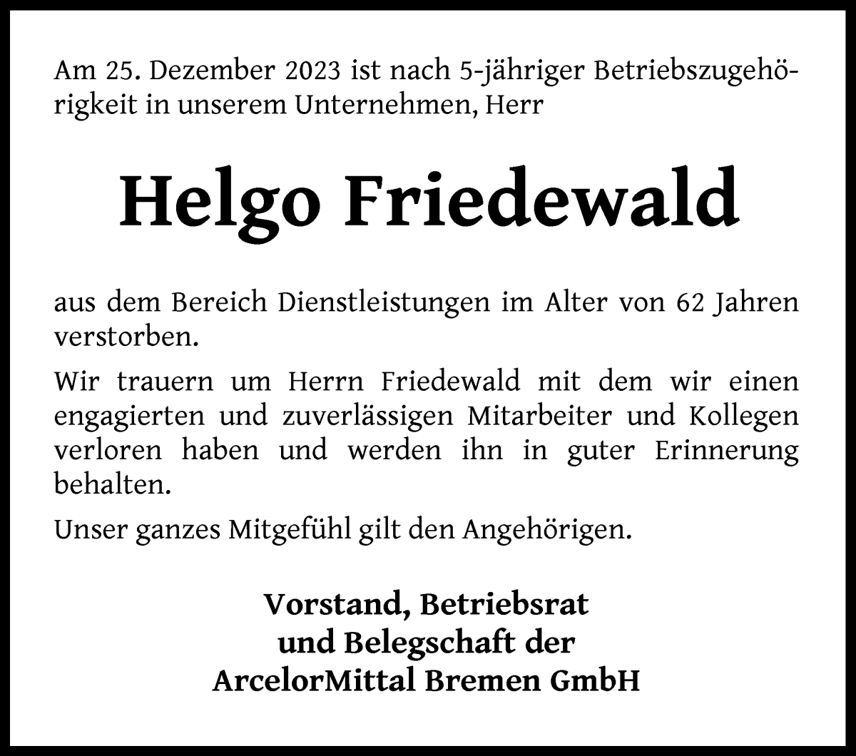  Traueranzeige für Helgo Friedewald vom 06.01.2024 aus WESER-KURIER