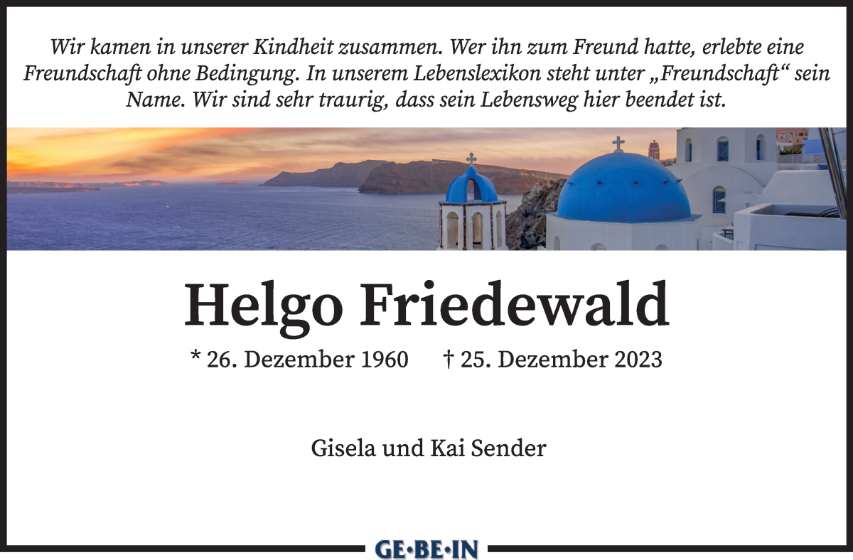  Traueranzeige für Helgo Friedewald vom 02.01.2024 aus WESER-KURIER