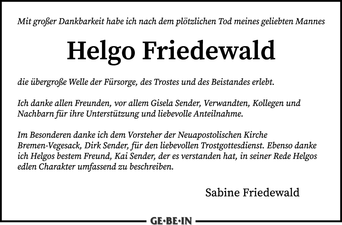 Traueranzeige von Helgo Friedewald von WESER-KURIER