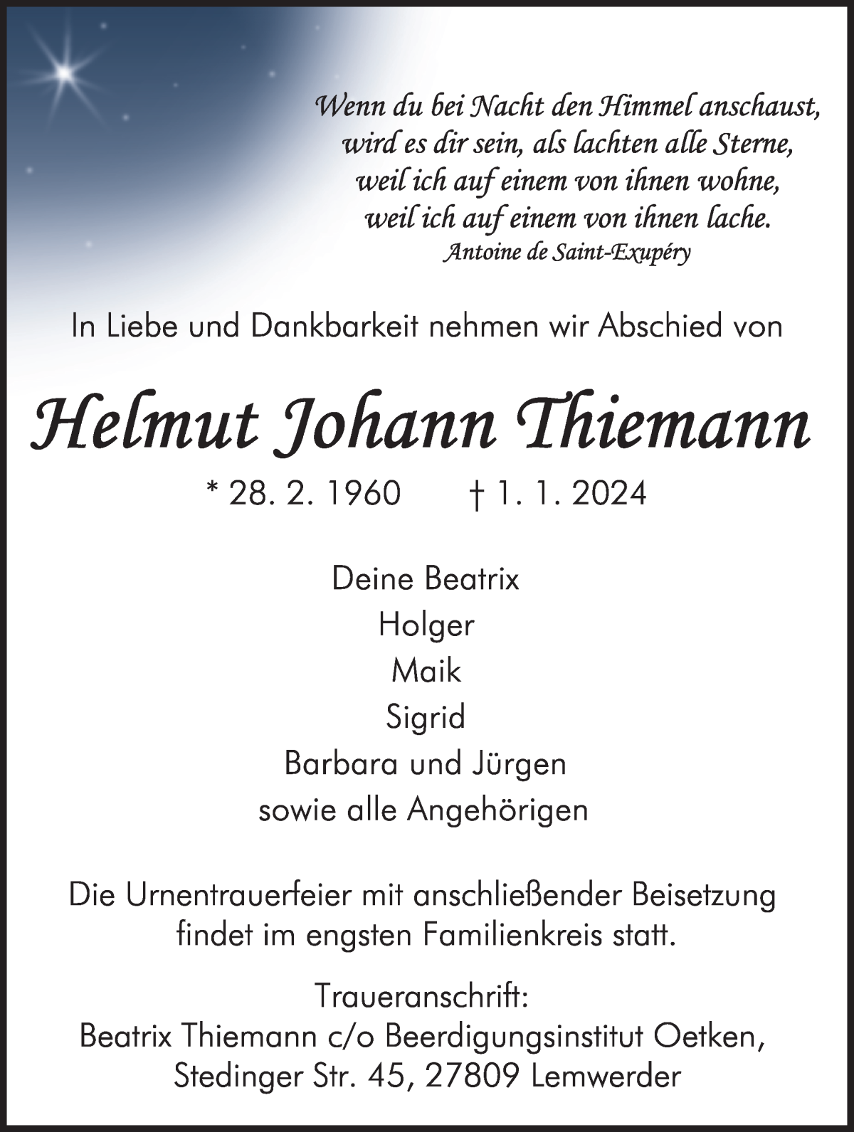  Traueranzeige für Helmut Johann Thiemann vom 13.01.2024 aus Die Norddeutsche