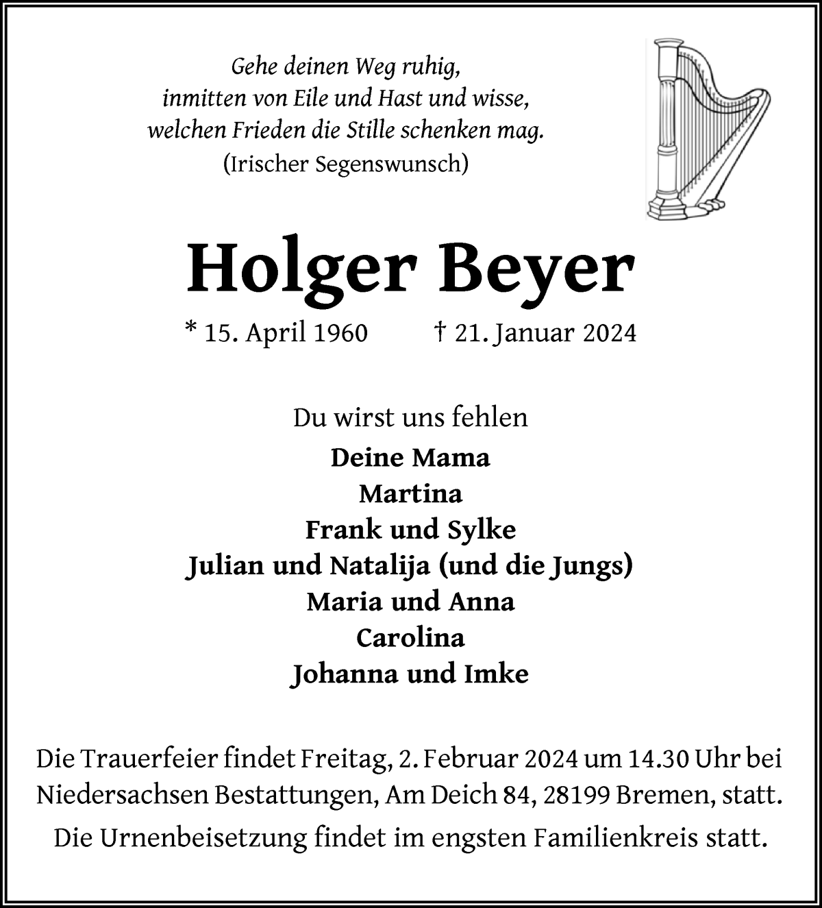  Traueranzeige für Holger Beyer vom 27.01.2024 aus WESER-KURIER