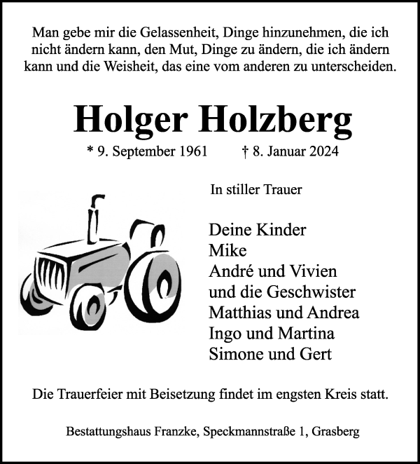 Traueranzeige von Holger Holzberg von Wuemme Zeitung
