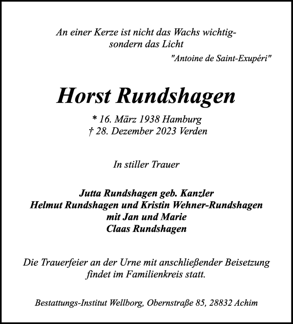 Traueranzeige von Horst Rundshagen von WESER-KURIER