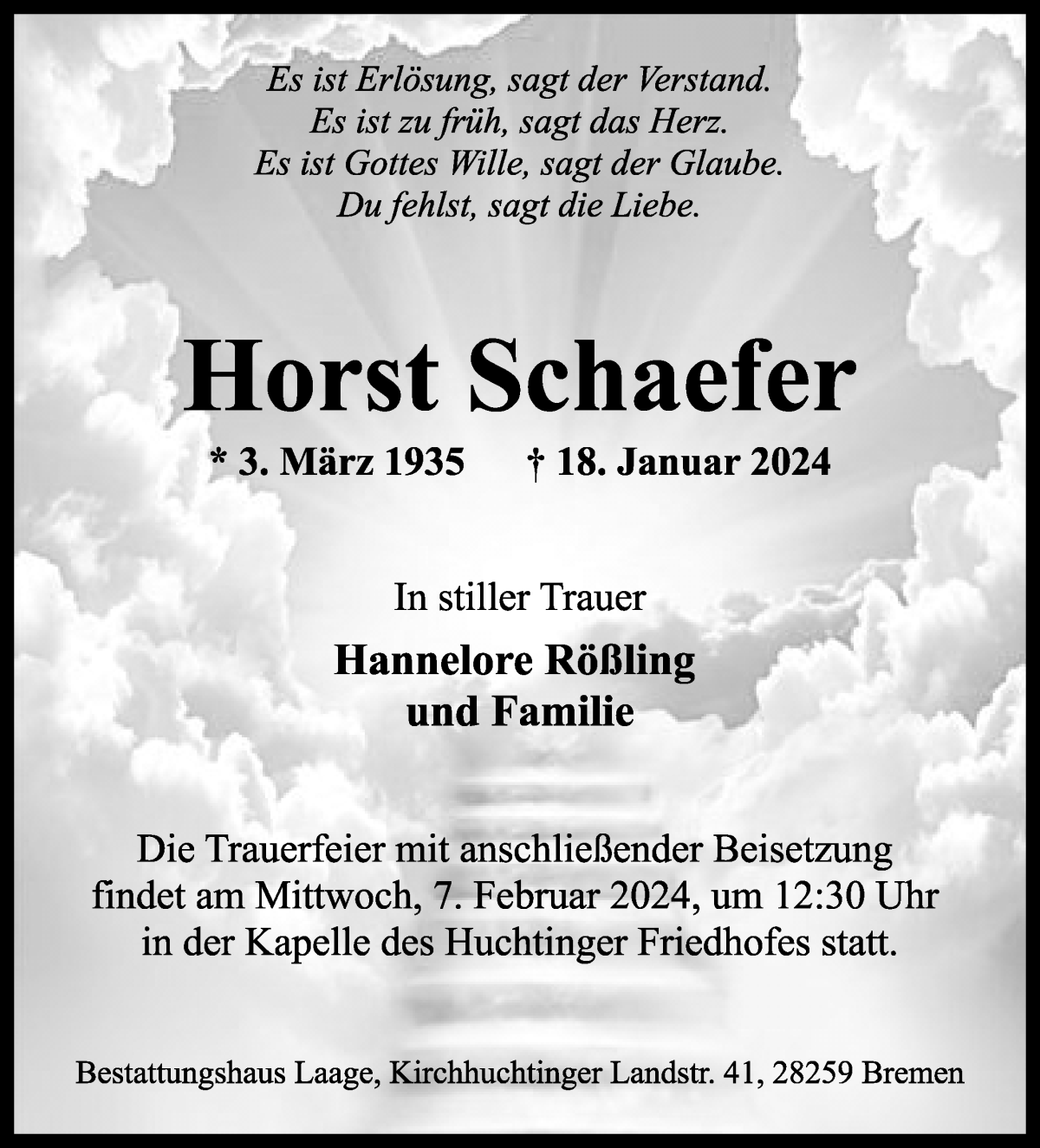  Traueranzeige für Horst Schaefer vom 27.01.2024 aus WESER-KURIER