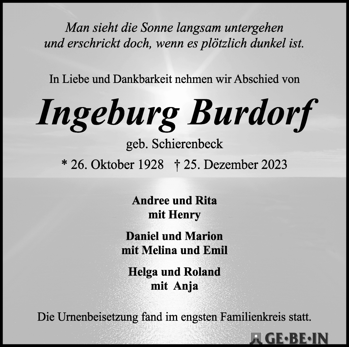 Traueranzeige von Ingeburg Burdorf von WESER-KURIER