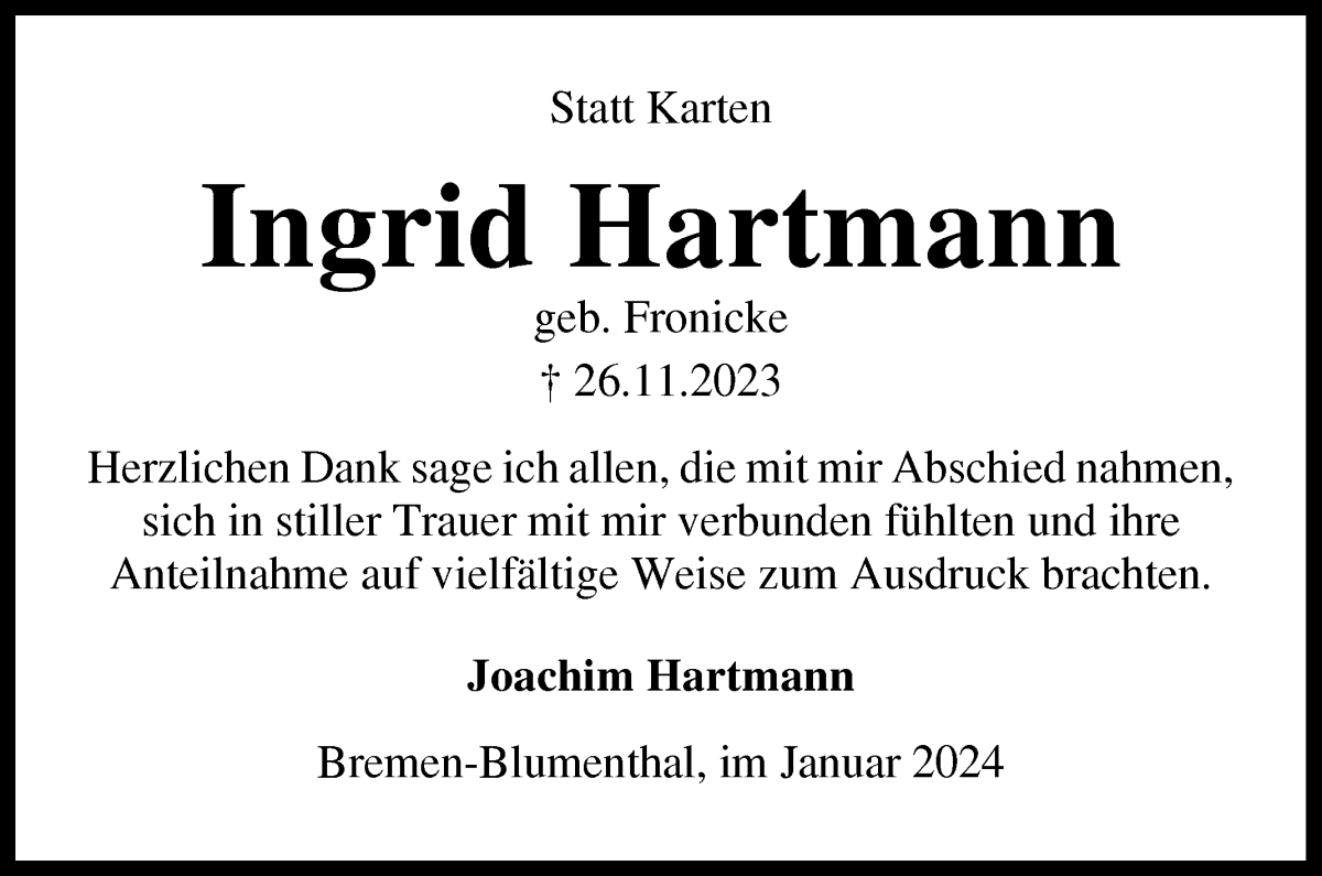 Traueranzeige von Ingrid Hartmann von Die Norddeutsche