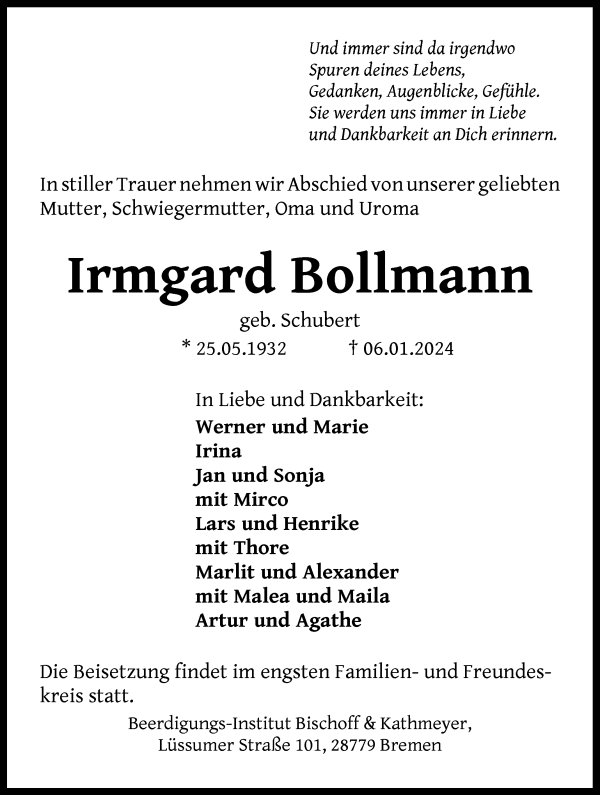 Traueranzeige von Irmgard Bollmann von Die Norddeutsche