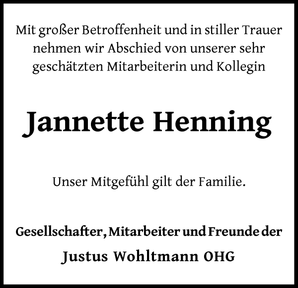 Traueranzeige von Jannette Henning