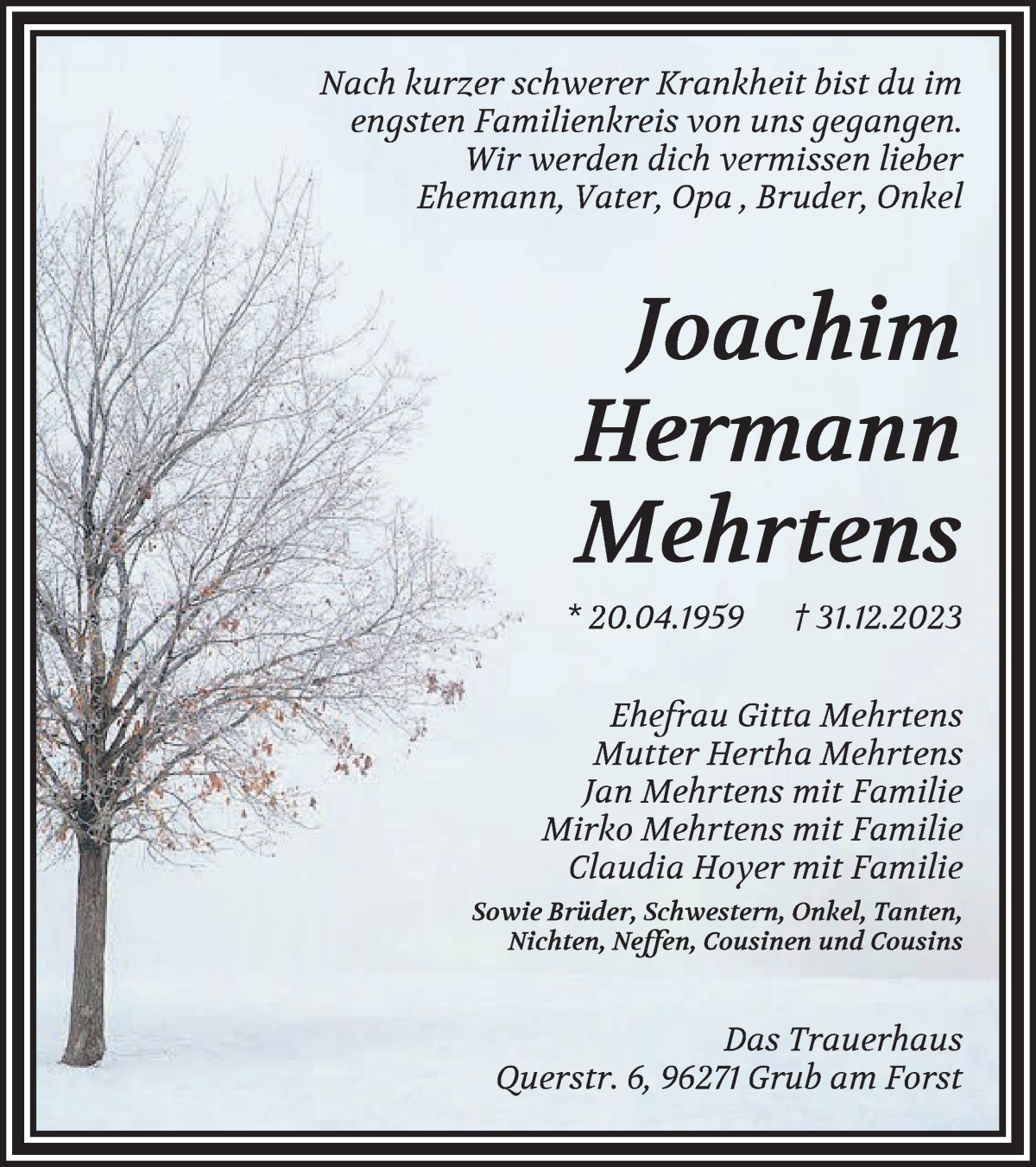  Traueranzeige für Joachim Hermann Mehrtens vom 06.01.2024 aus Wuemme Zeitung