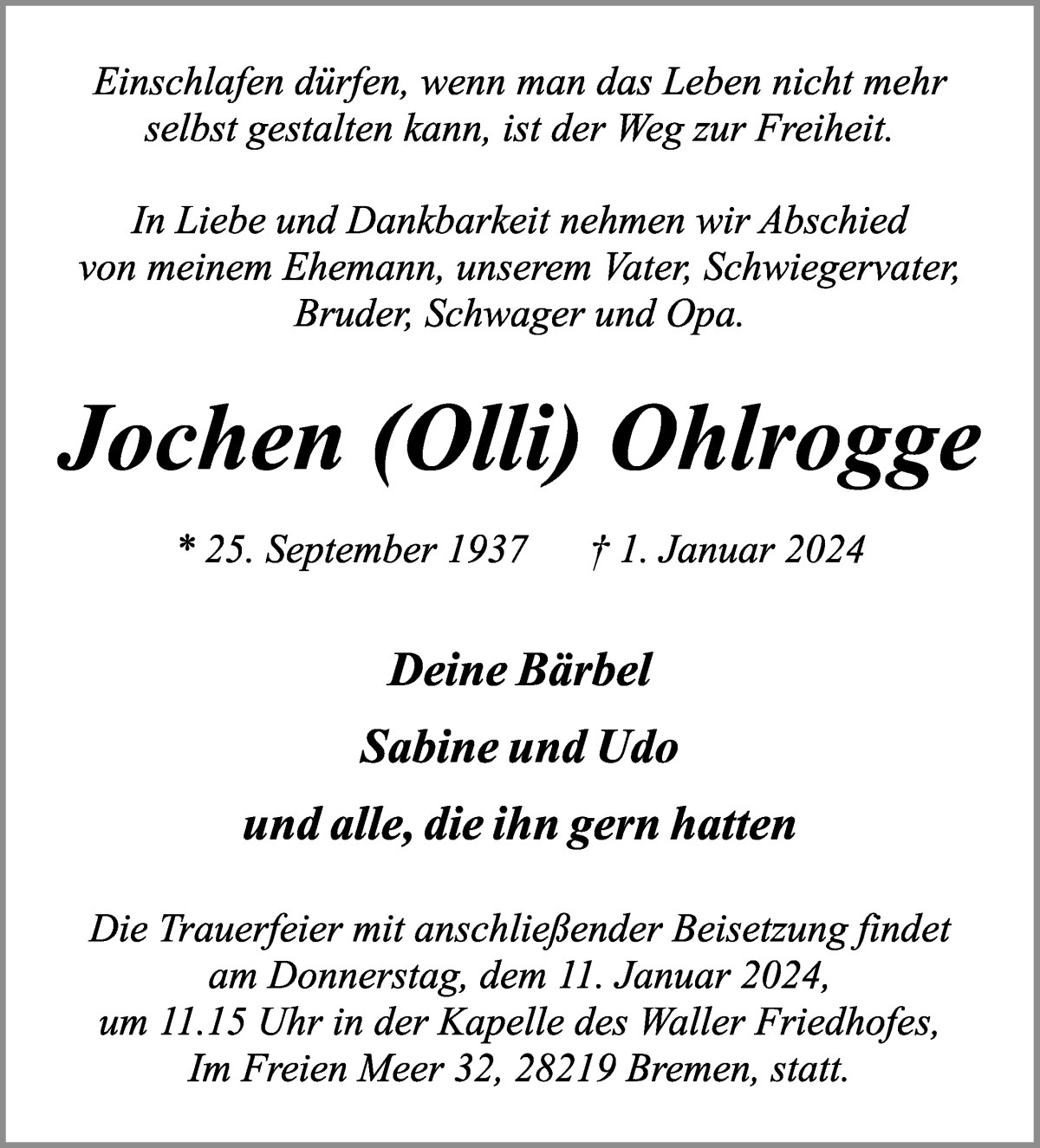  Traueranzeige für Jochen (Olli) Ohlrogge vom 06.01.2024 aus WESER-KURIER