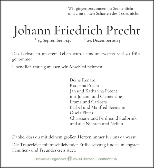 Traueranzeige von Johann Friedrich Precht