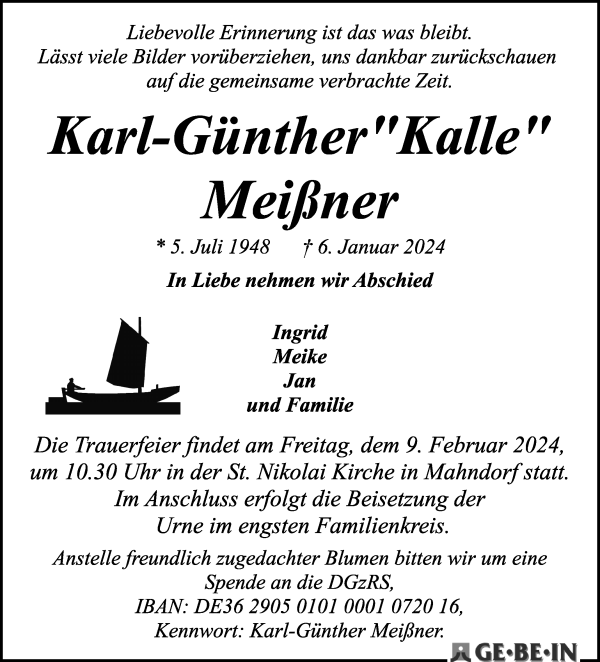 Traueranzeige von Karl-Günther Kalle Meißner von WESER-KURIER