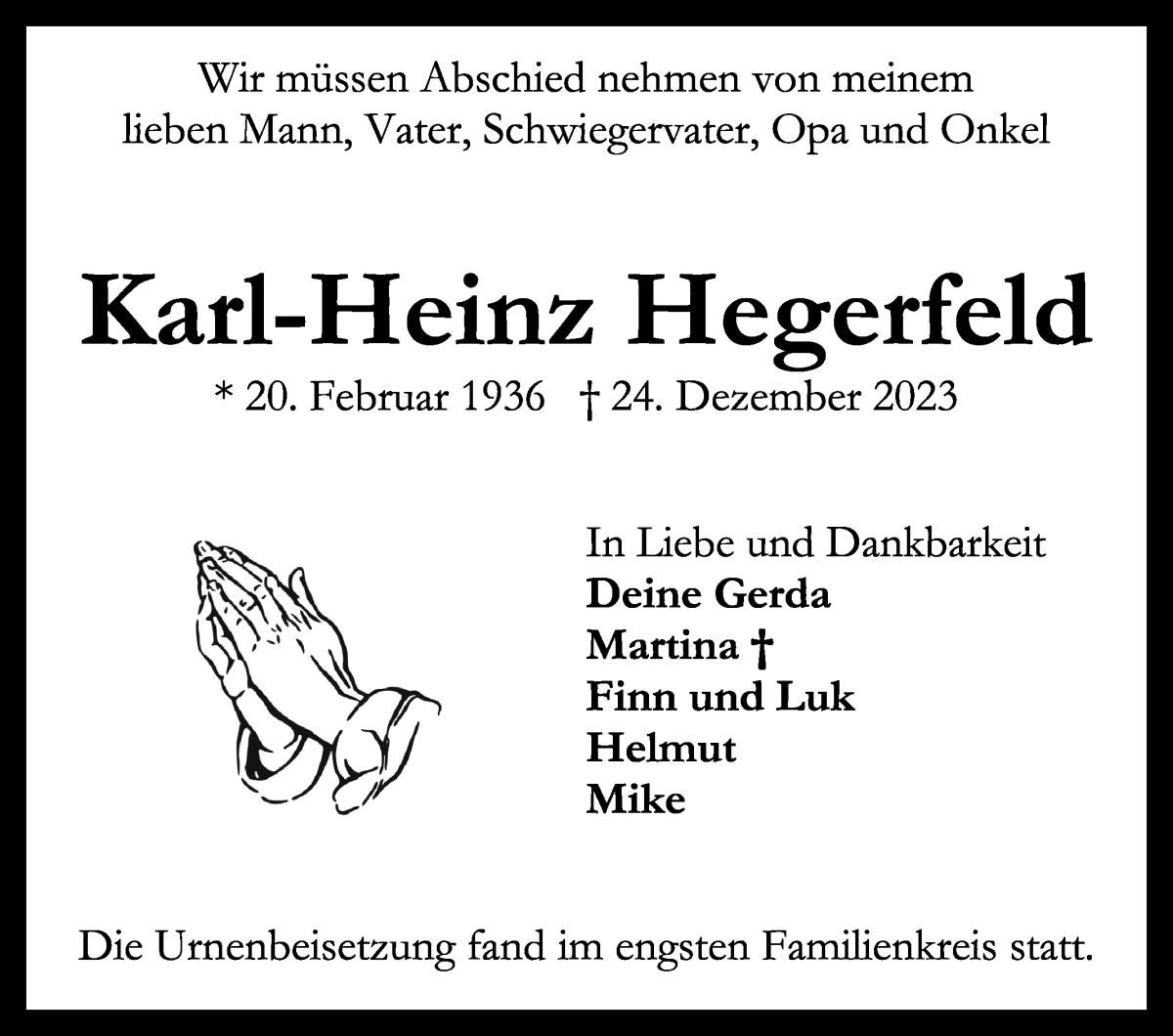 Traueranzeige von Karl-Heinz Hegerfeld von WESER-KURIER