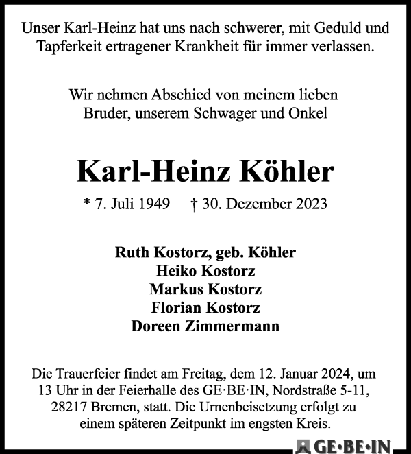 Traueranzeige von Karl-Heinz Köhler von WESER-KURIER