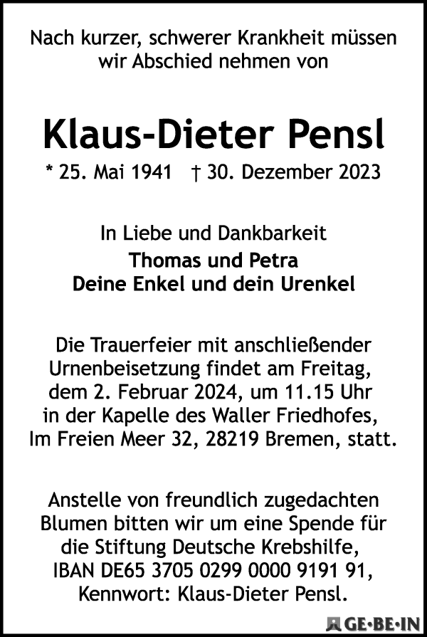 Traueranzeige von Klaus-Dieter Pensl von WESER-KURIER