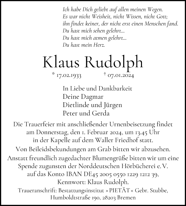 Traueranzeige von Klaus Rudolph von WESER-KURIER