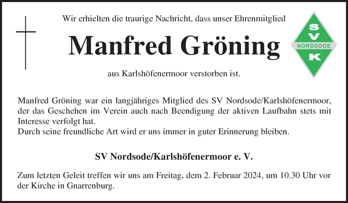 Traueranzeige von Manfred Gröning von Osterholzer Kreisblatt