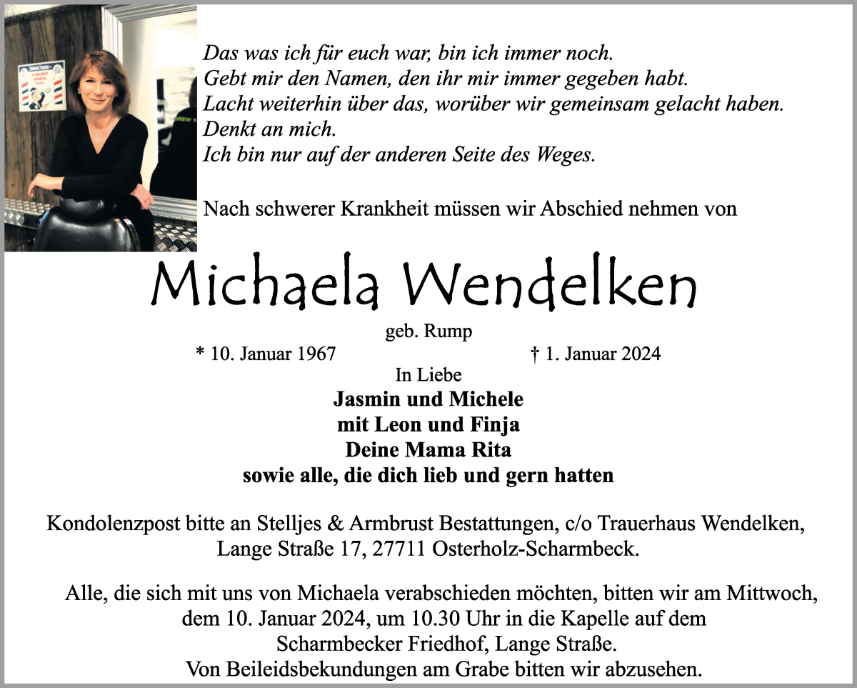  Traueranzeige für Michaela Wendelken vom 06.01.2024 aus Osterholzer Kreisblatt