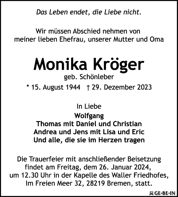 Traueranzeige von Monika Kröger von WESER-KURIER