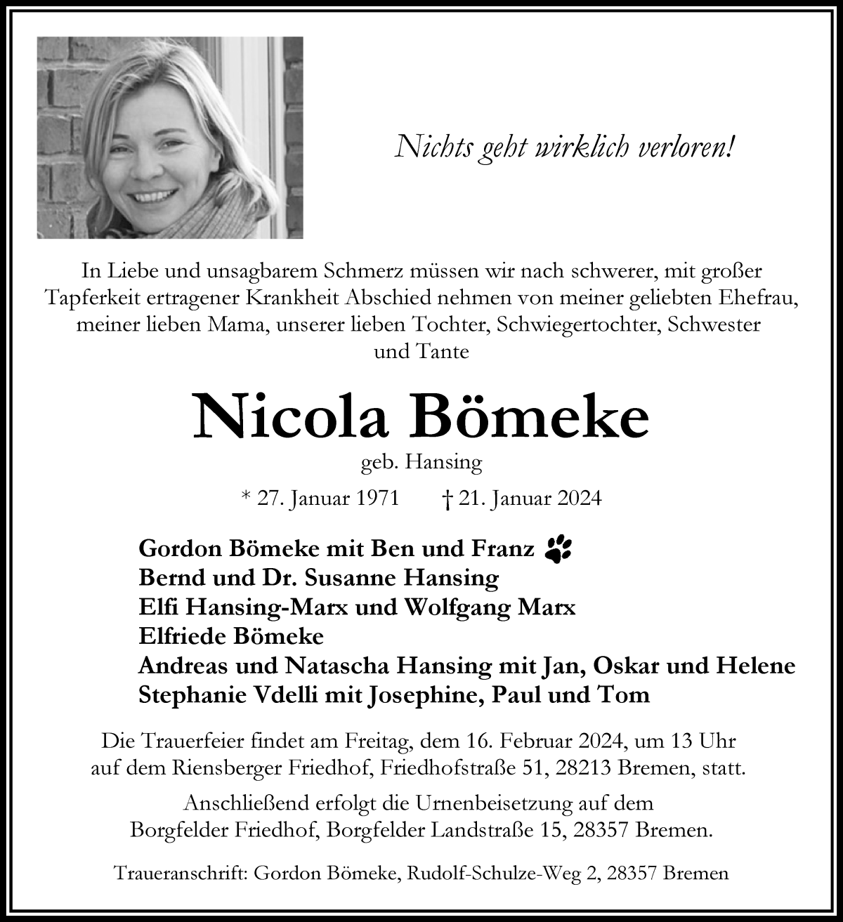 Traueranzeige für Nicola Bömeke vom 27.01.2024 aus WESER-KURIER