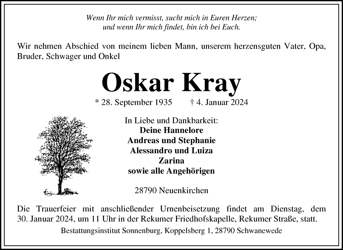 Traueranzeige von Oskar Kray von Die Norddeutsche