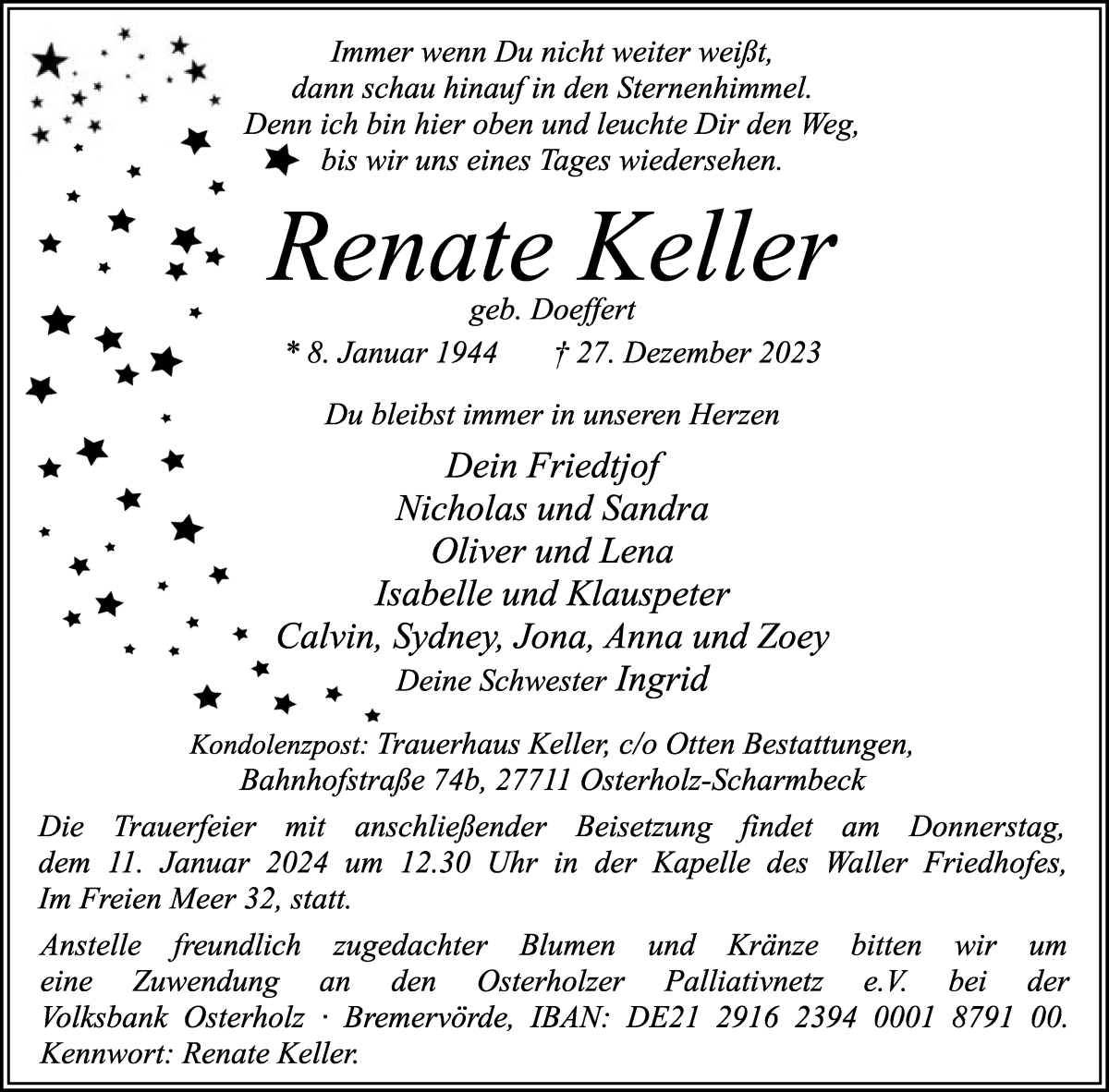 Traueranzeige von Renate Keller von Osterholzer Kreisblatt