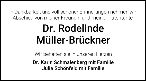 Traueranzeige von Dr. phil. Rodelinde Müller-Brückner